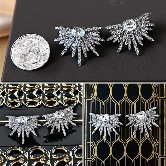 Art Deco Silver Toned Rhinestone Starburst Earrings - Picture 17 of 17